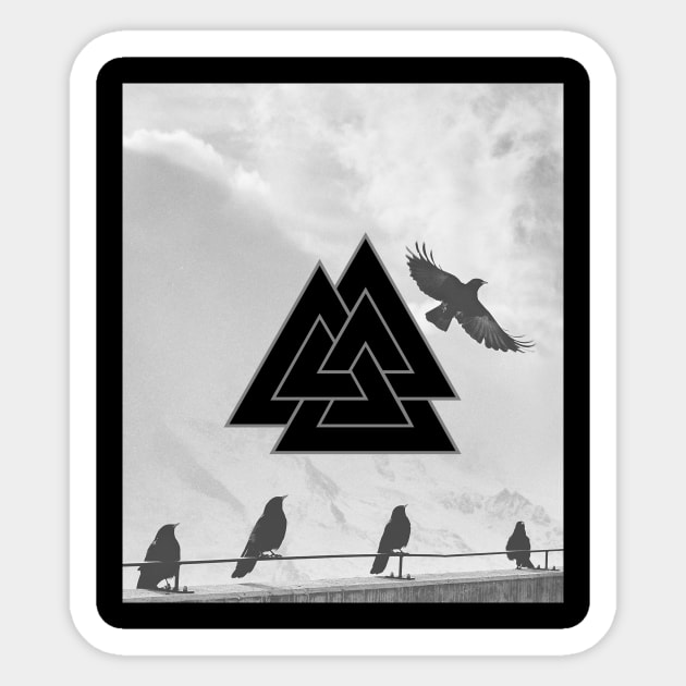 Black and White Valknut with Odin Ravens Sticker by Time Nomads